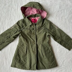 London Fog Olive Green Hooded Raincoat with Pink Lining, Sz. M